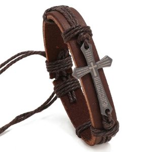 Men's faith cross leather bracelet brown